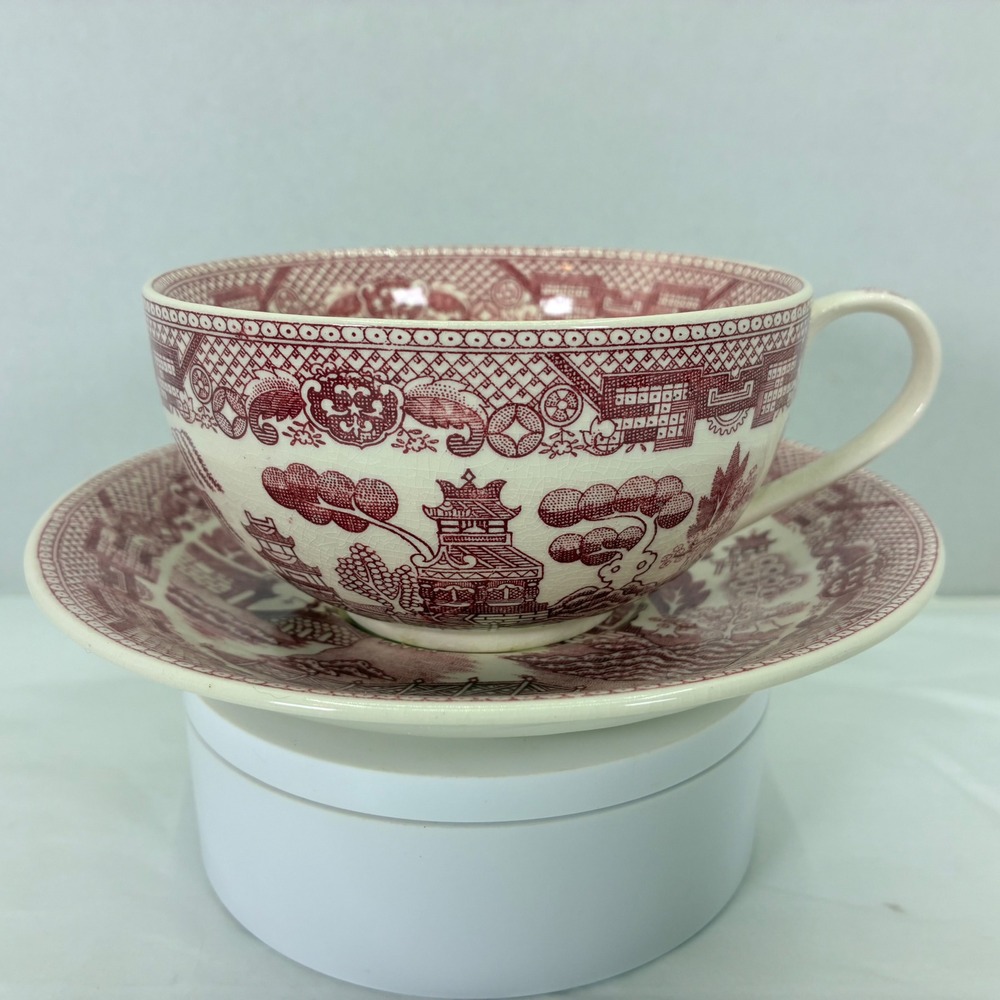 Vintage Red Willow Tea Cup and Saucer Set Crimson Transferware Chinoiserie